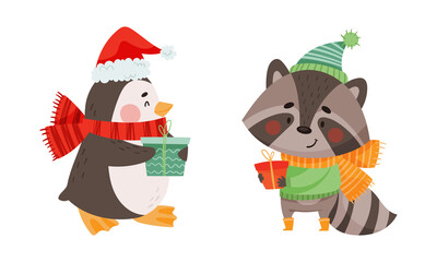 Happy animals celebrating Christmas set. Cute penguin and raccoon characters with gift boxes cartoon vector illustration