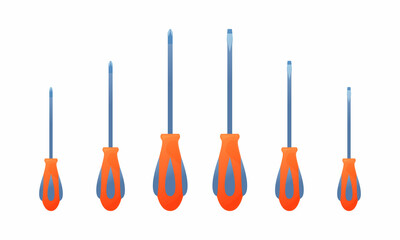 Naklejka premium Vector illustration crosshead and flathead phillips screwdrivers isolated on white background. Set of different size screwdrivers icons in flat cartoon style. Professional instrument. Maintenance tool
