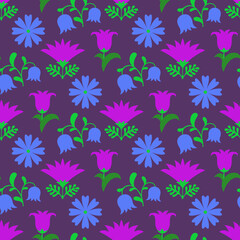 seamless floral pattern. blue and purple flowers on a dark purple background. flower meadow. summer textile pattern. bright floral ornament. vector.