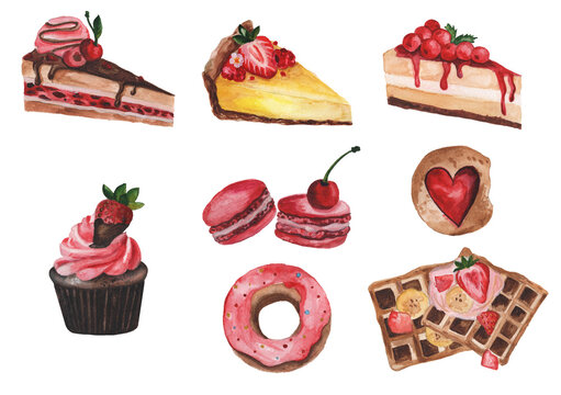 Watercolor sweets set for bakery design illustration
