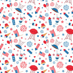 Fourth of July and Memorial day party seamless pattern. Isolated on a white background. 4th of July, Independence Day themed design.