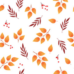 Autumn seamless background pattern of golden toned leaves and barries on white background, fall repeat print