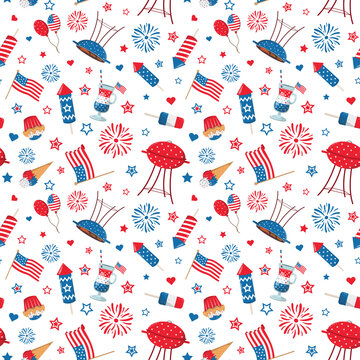 Fourth of July and Memorial day party seamless pattern. Isolated on a white background. 4th of July, Independence Day themed design.