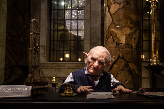 Goblin Teller in Gringotts Bank at the Making of Harry Potter Studio Tour, UK