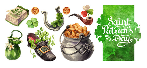 Happy Saint Patrick's Day set. Lucky charms, traditional party symbols - pot of gold, hat, beer and horseshoe, clover. For banner, invitation, design template. Watercolor, cut out white background.