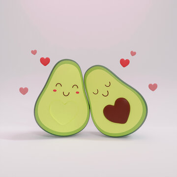 3d rendering illustration of cute half opened avocado with a pit or seed. Couple in love. Valentine's day greeting card. Cartoon style. Modern trendy design. Kawaii