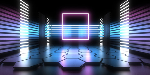 3D abstract background with neon lights. neon tunnel  .space construction . .3d illustration