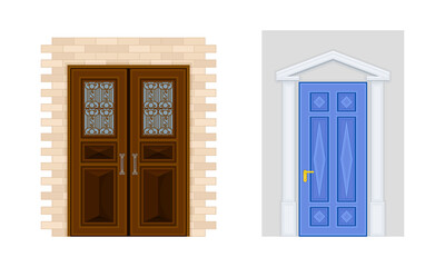 Set of wooden closed doors. Front doorway exterior vector illustration