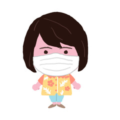 マスクをつけた沖縄のかりゆしウェアを着た女性　イラスト素材
