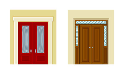 Wooden closed double doors set. Front doorway exterior vector illustration