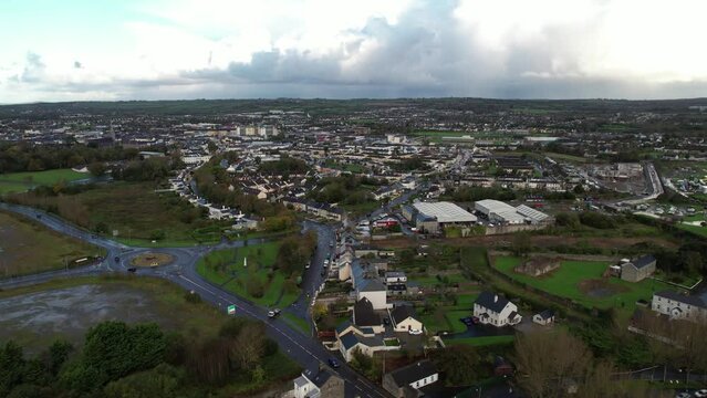 Aerial View of Tralee, County Kerry, Ireland. Cityscape on Cloudy Fall Day Drone Shot