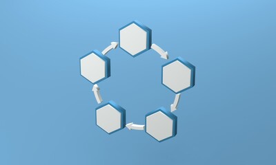 Infographics design template. Schematic closed cycle of five steps in the form of hexagons on a blue background. 3d render