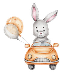 Cute cartoon bunny in car and balloons  watercolor hand drawn illustration  with white isolated background
