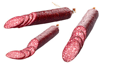 Smoked sausage slices and sausage stick isolated on white background
