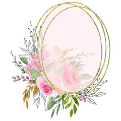 Polygonal Gold foil Floral Frame. Pink and peach rose Wreath. Orange and peach flowers oval frame. Hand painted linear illustration. Spring round frame isolated on white. Gold Glitter Flower Frame.