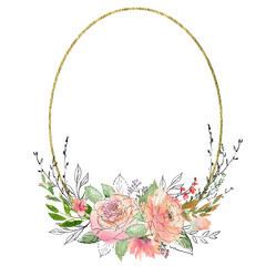 Orange and peach flowers oval frame. Polygonal Gold foil Floral Frame. Pink and peach rose Wreath. Hand painted linear illustration. Spring round frame isolated on white. Gold Glitter Flower Frame.