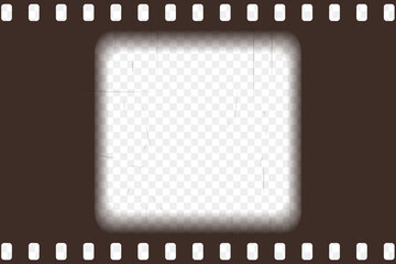Old brown cinematic frame with transparent background. Antique filmstrip slide template in realistic style. Vector illustration video and photo tape.