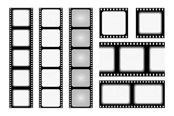 Set old retro film strip frame isolated on white background. Antique films slide template in realistic style. Vector illustration video and photo tape.