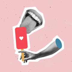 Creative design. Contemporary art collage of big female mouth licking ice cream with social media like symbol isolated over pink background