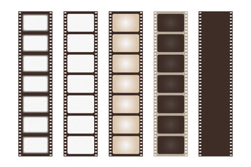 Set old retro brown film strip frame isolated on white background. Antique films slide template in realistic style. Vector illustration video and photo tape. - obrazy, fototapety, plakaty