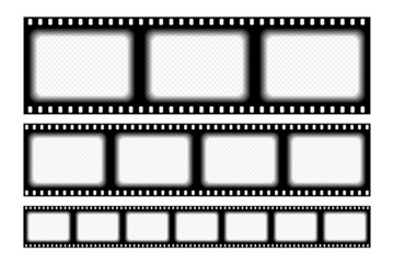 Set old retro film strip template with blank  empty frames. Type 35mm film placeholder on white. Antique films slide in realistic style. Vector illustration video and photo tape.