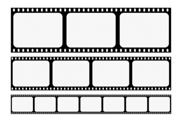 Set old retro film strip template with blank  empty frames. Type 35mm film placeholder on white. Antique films slide in realistic style. Vector illustration video and photo tape.
