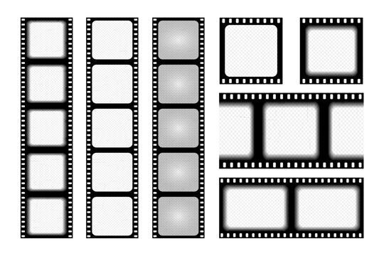 Set old retro film strip frame isolated on white background. Antique films slide template in realistic style. Vector illustration video and photo tape.