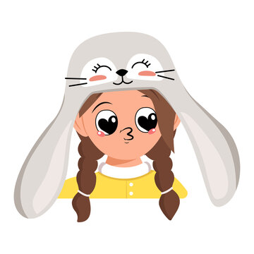 Avatar of girl with big heart eyes and kiss lips in cute rabbit hat with long ears. Head of child with joyful face for holiday Easter, New Year or carnival costume for party. Vector flat illustration
