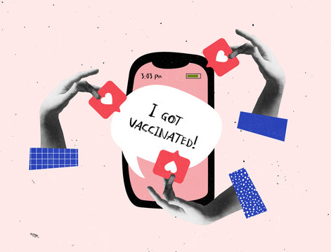 Contemporray art collage. Hands with heart symbols over mobile phone with social media app - Powered by Adobe