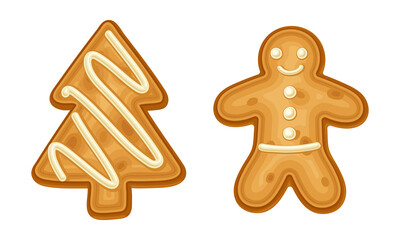 Gingerbread man and Xmas tree cookies set. Baked festive biscuits in icing sugar cartoon vector illustration