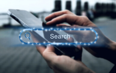 Modern illustrated search field of an internet search engine and a person touching on the smartphone in the background, research, searching, knowledge