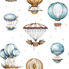 watercolor balloons in clouds, pastel colors seamless pattern