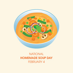 National Homemade Soup Day vector. Bowl of vegetable soup with carrots, mushrooms and green beans icon vector. Healthy vegetable broth icon. Homemade Soup Day Poster, February 4. Important day