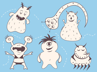 Cute cartoon monsters set. Funny monsters vector illustration for kids.