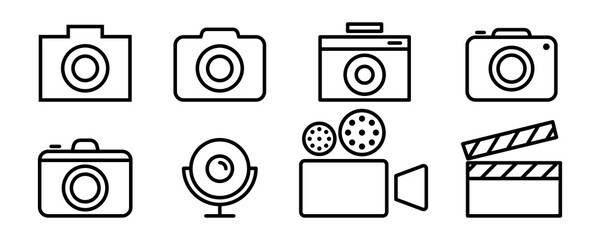 Camera icon set. Photo camera icon in outline. Photo and video symbol. Web camera icon. Webcam pictogram. Stock vector illustration