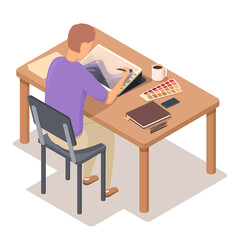 Fototapeta premium isometric artist working on graphics tablet at table, vector illustration