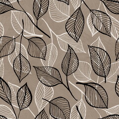 Botanical seamless pattern with hand drawn line elements. Transparent black and white leaves on a brown background. For textile and wallpaper design.