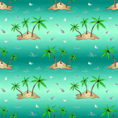 Fototapeta na wymiar Marine nautical doodle islands, shark fins and seagulls seamless pattern. Cartoon style vector illustration.