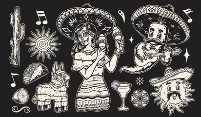 Monochrome stickers collection for cinco de mayo