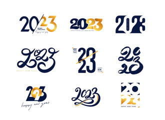 Creative set of 2023 Happy New Year logo design. Number 2023 design template. Christmas decoration 2023 Happy New Year symbols. Vector illustration with gold labels. Isolated on white background.