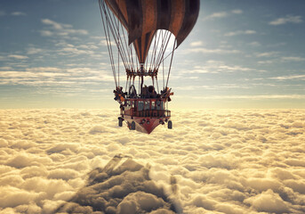 A steampunk hot air balloon travels above the beautiful clouds. Peaceful and Tranquil Sailing 3D Rendering Concept Design