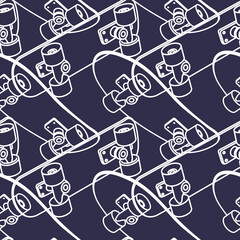 Vector illustration of white line color wide board on dark background. Skateboarding seamless pattern with crossing cartoon skateboard. Flat line art style design with skate © wowomnom