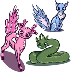 Cartoon dragon set. Fairy cute dragonfly icons collection. Vector cartoon illustration of fire breathing monsters from medieval mythology