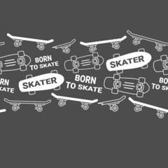 Vector horizontal illustration of board on dark background with word. Skateboarding seamless pattern with cartoon skateboard. Flat line art style design with skate
