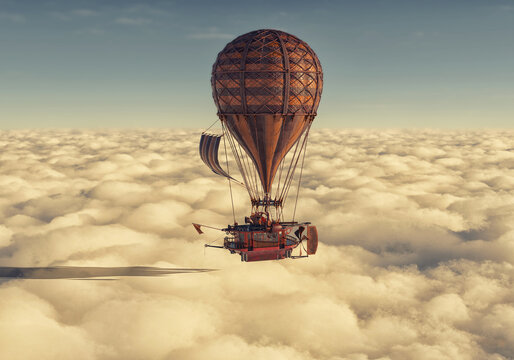 A steampunk hot air balloon travels above the beautiful clouds. Peaceful and Tranquil Sailing 3D Rendering Concept Design