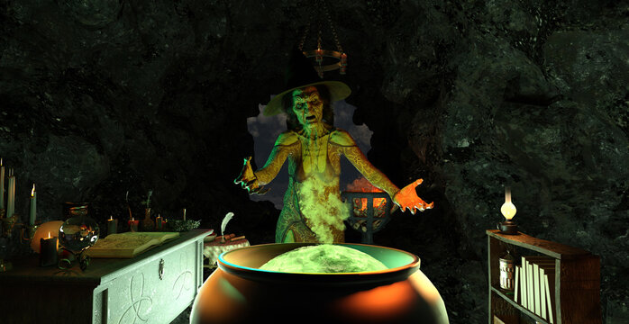 Halloween scary old witch cauldron poison and smoke_3d render image