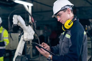 Factory workers working with adept robotic arm in a workshop . Industry robot programming software...