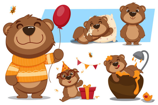The character is a small bear. Children's illustration. Cute cartoon style.