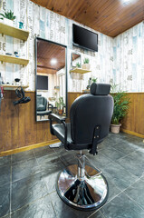Vintage beauty salon. Hair salon interior business with retro organic minimal look. Wooden...