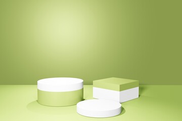 abstract Green pedestal display stand with green and white cylinders and cubes with box stand concept. Podium for brand promotion products, realistic 3d digital rendering
